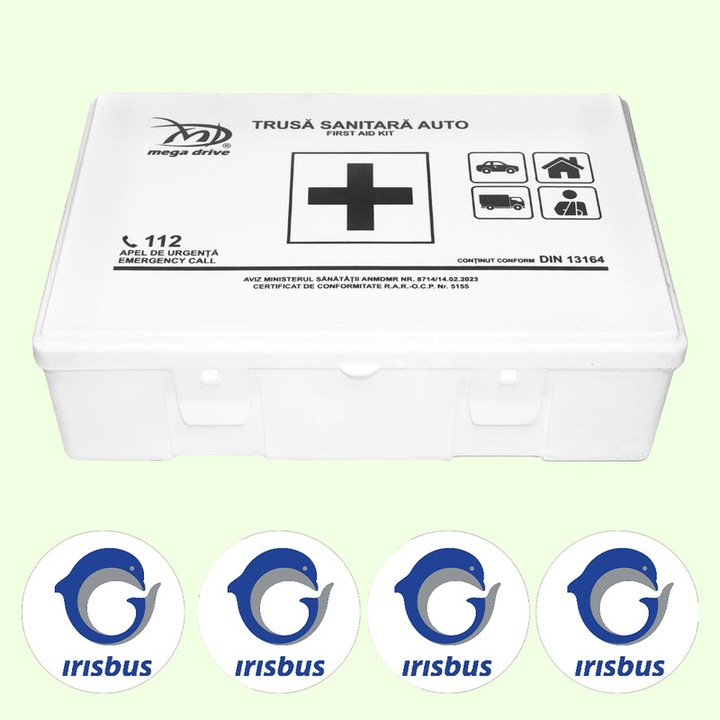 Trusa Medicala Auto Omologata R.A.R De Prim Ajutor, 20 de Articole medicale DIN 13164, 4x Stickere Auto Cu Irisbus