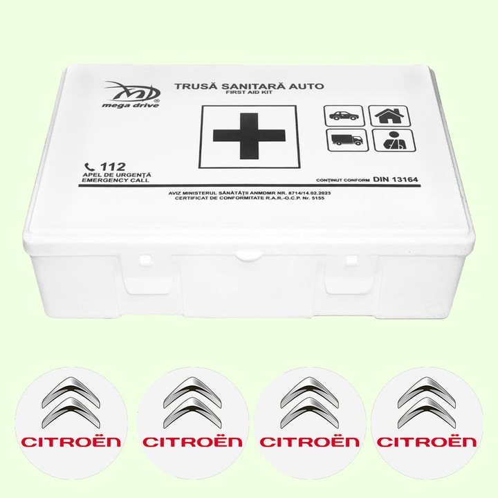 Trusa Medicala Auto Omologata R.A.R De Prim Ajutor, 20 de Articole medicale DIN 13164, 4x Stickere Auto Cu Citroen