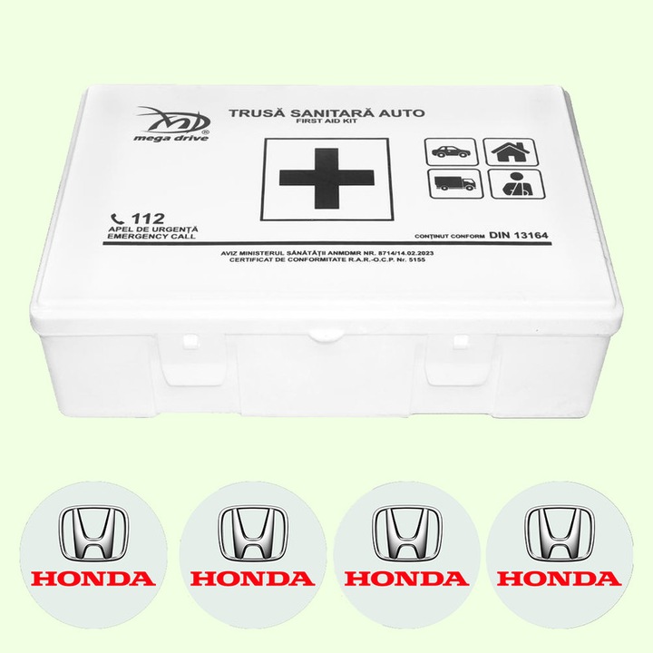 Trusa Medicala Auto Omologata R.A.R De Prim Ajutor, 20 de Articole medicale DIN 13164, 4x Stickere Auto Cu Honda