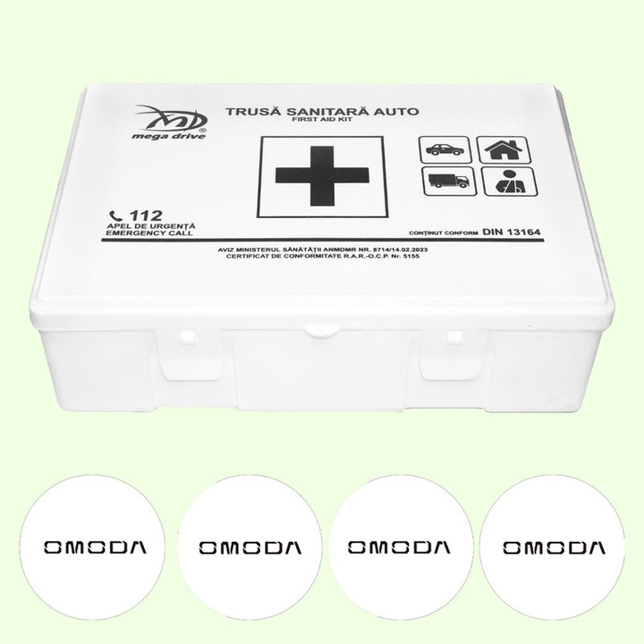 Trusa Medicala Auto Omologata R.A.R De Prim Ajutor, 20 de Articole medicale DIN 13164, 4x Stickere Auto Cu Omoda
