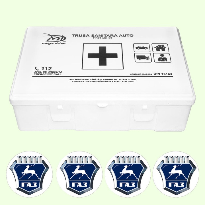 Trusa Medicala Auto Omologata R.A.R De Prim Ajutor, 20 de Articole medicale DIN 13164, 4x Stickere Auto Cu Gaz