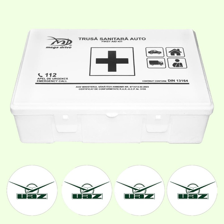 Trusa Medicala Auto Omologata R.A.R De Prim Ajutor, 20 de Articole medicale DIN 13164, 4x Stickere Auto Cu Uaz