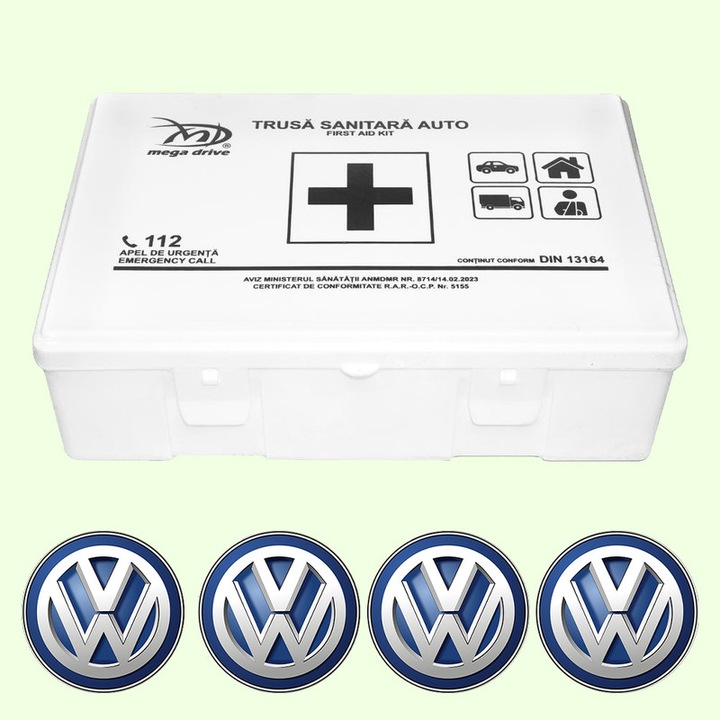 Trusa Medicala Auto Omologata R.A.R De Prim Ajutor, 20 de Articole medicale DIN 13164, 4x Stickere Auto Cu Volkswagen