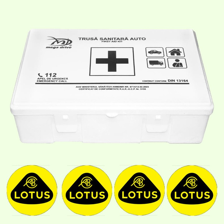 Trusa Medicala Auto Omologata R.A.R De Prim Ajutor, 20 de Articole medicale DIN 13164, 4x Stickere Auto Cu Lotus
