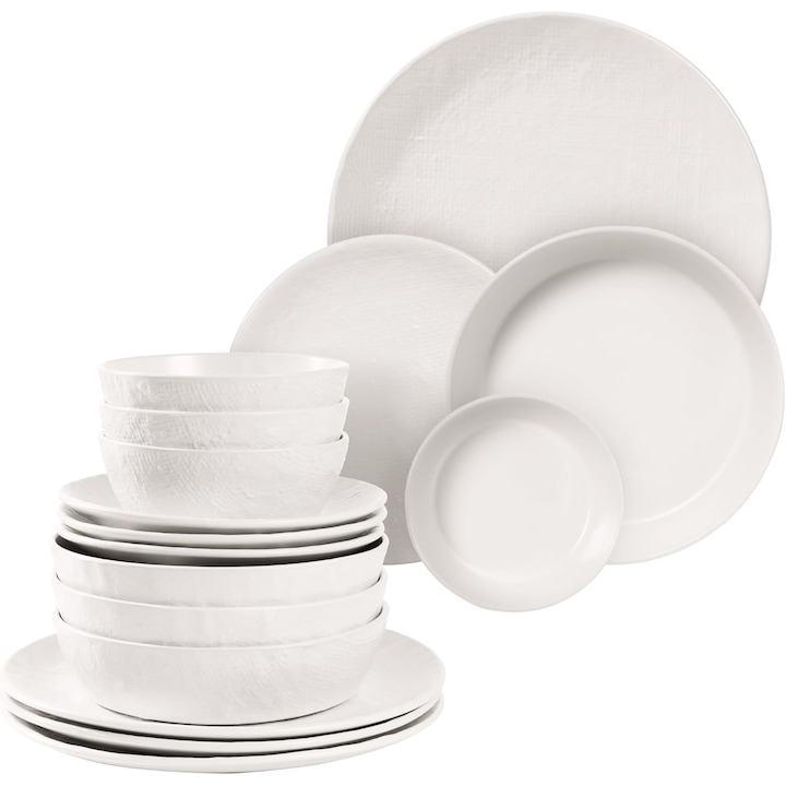 Set Vesela din Ceramica Premium Navaris, 16 piese, pentru 4 persoane, design texturat, modern, rezistent, compatibil cu masina de spalt si cuptor cu microunde, Alb