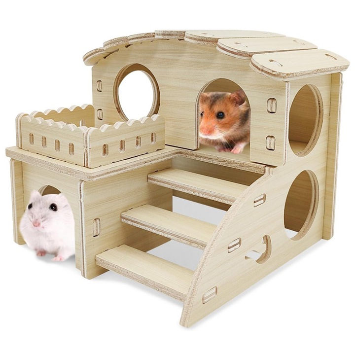 Casutele labirintice si cabinele habitate din lemn pentru hamsteri cu scari, Qurevo®, sunt potrivite pentru hamsteri pitici, gerbili mici, soareci mici si alte animale de dimensiuni similare