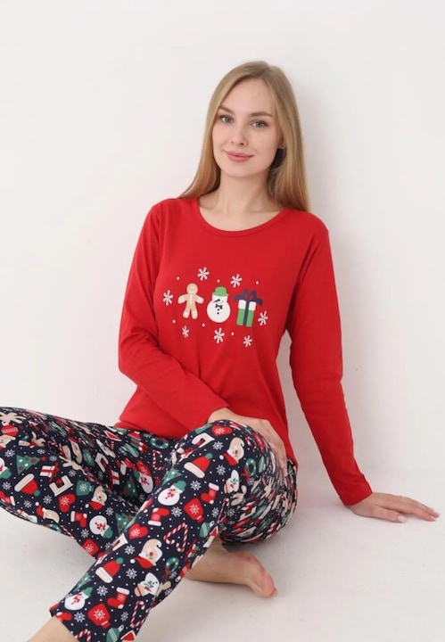 Pijama dama craciun rosu, model om de zapada, set cu maneca lunga si pantaloni lungi S