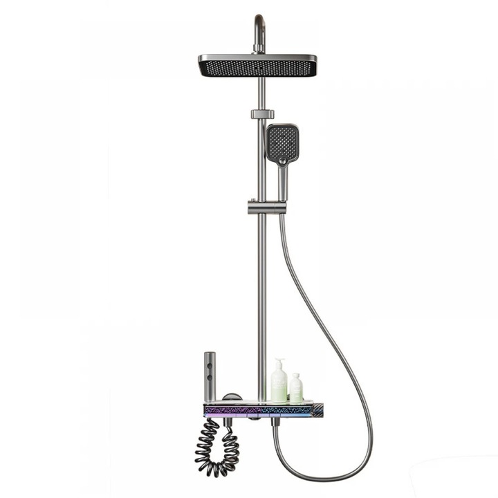 Coloana de Dus, Amalux®, Set de Dus Cu Afisaj Digital si 4 Functii Cu Taste Tip Pian, Termostatata, Para Dreptunghiulara Cu Efect Ploaie, Inaltime Reglabila, Montare Pe Perete, Design Modern Si Elegant, Materiale Premium Rezistente La Coroziune