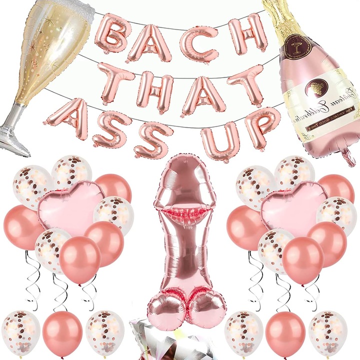 Set 30 Baloane Petrecere, Decoratiuni Pentru Petrecerii Burlacitelor, Cu Bride To Be, Cadou Amuzant, Baloane forma Inel, Inima, Sampanie, Folie/Latex, Aur Roz