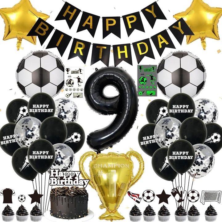 Set Decoratiuni Aniversare 9 Ani Baieti, Tema Fotbal, Balon Folie Mare, Banner Happy Birthday, Topper Tort, Stickere Tatuaje Luminoase