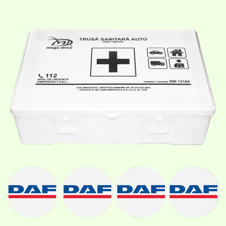 Trusa Medicala Auto Omologata R.A.R De Prim Ajutor, 20 de Articole medicale DIN 13164, 4x Stickere Auto Cu Daf