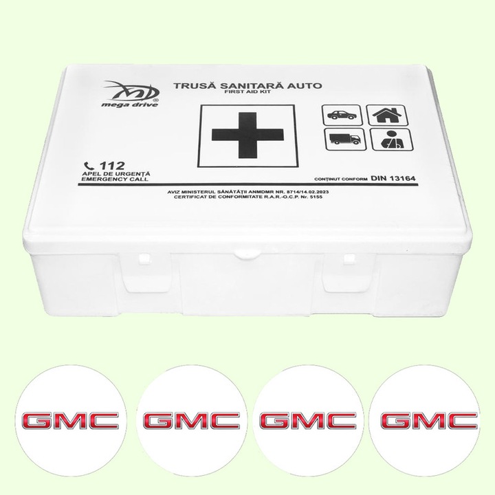 Trusa Medicala Auto Omologata R.A.R De Prim Ajutor, 20 de Articole medicale DIN 13164, 4x Stickere Auto Cu Gmc