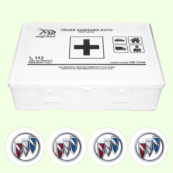Trusa Medicala Auto Omologata R.A.R De Prim Ajutor, 20 de Articole medicale DIN 13164, 4x Stickere Auto Cu Buick