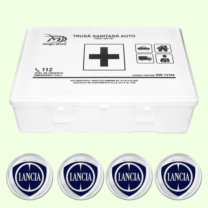 Trusa Medicala Auto Omologata R.A.R De Prim Ajutor, 20 de Articole medicale DIN 13164, 4x Stickere Auto Cu Lancia