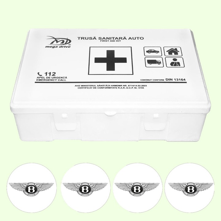 Trusa Medicala Auto Omologata R.A.R De Prim Ajutor, 20 de Articole medicale DIN 13164, 4x Stickere Auto Cu Bentley