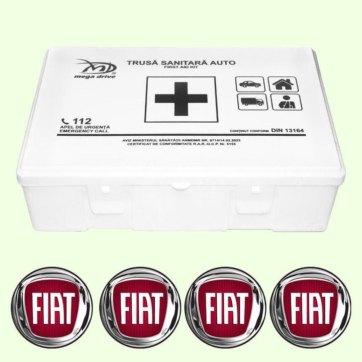 Trusa Medicala Auto Omologata R.A.R De Prim Ajutor, 20 de Articole medicale DIN 13164, 4x Stickere Auto Cu Fiat