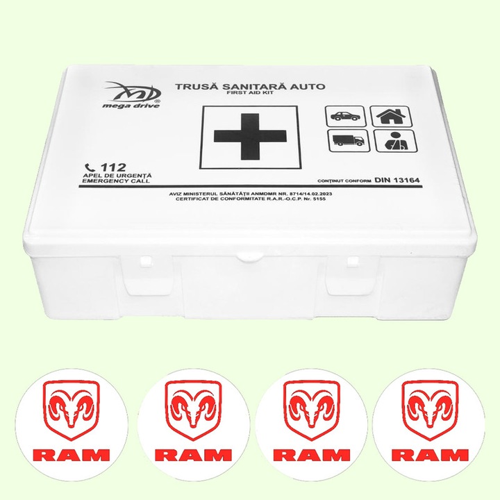 Trusa Medicala Auto Omologata R.A.R De Prim Ajutor, 20 de Articole medicale DIN 13164, 4x Stickere Auto Cu Ram