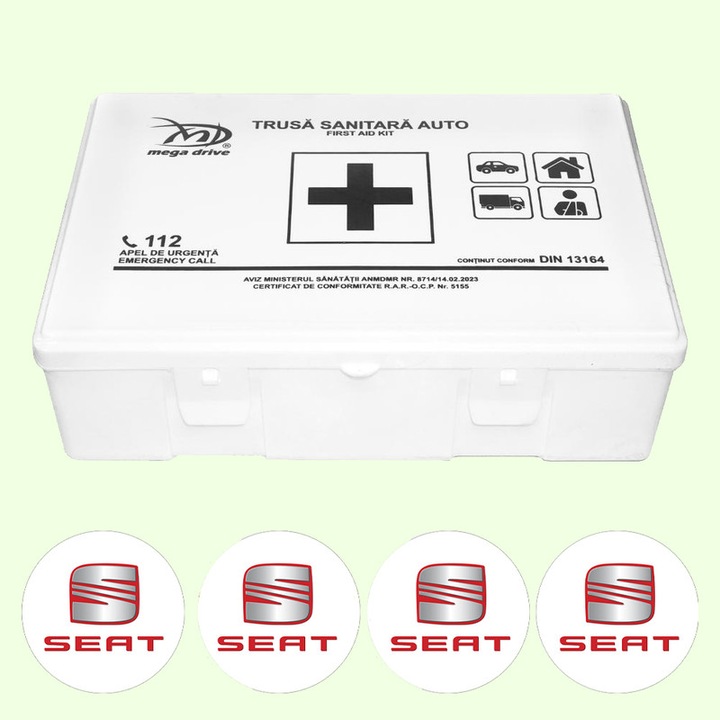 Trusa Medicala Auto Omologata R.A.R De Prim Ajutor, 20 de Articole medicale DIN 13164, 4x Stickere Auto Cu Seat
