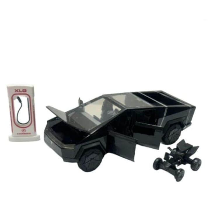 Masinuță metalică MASHASHOP Tesla Cybertruck cu ATV și stație de alimentare, gri închis, 18.5x7x6cm, set