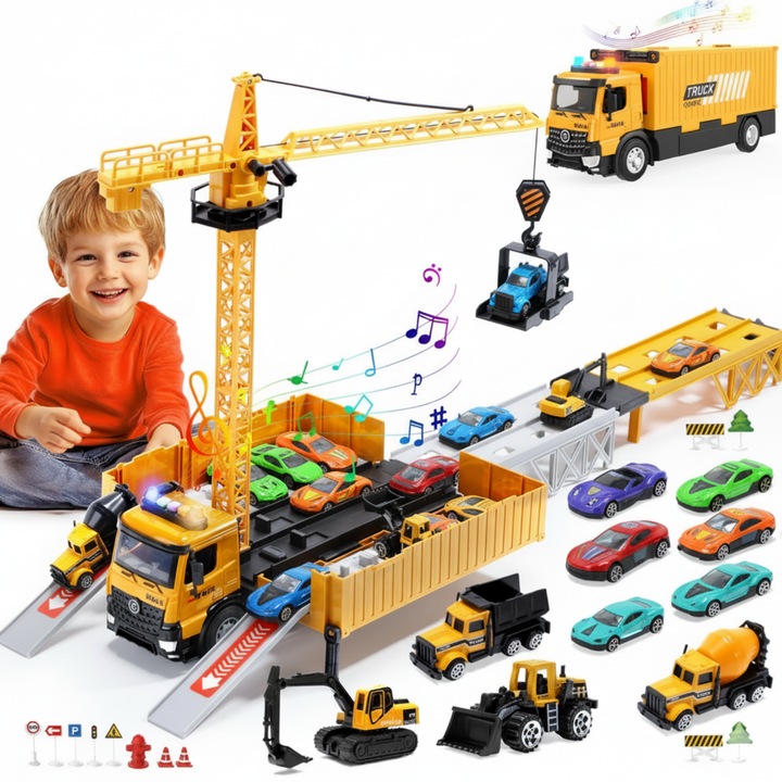 Set camion trailer de jucărie pentru transport, cu macara, excavator, betoniera, basculanta, buldozer, galben