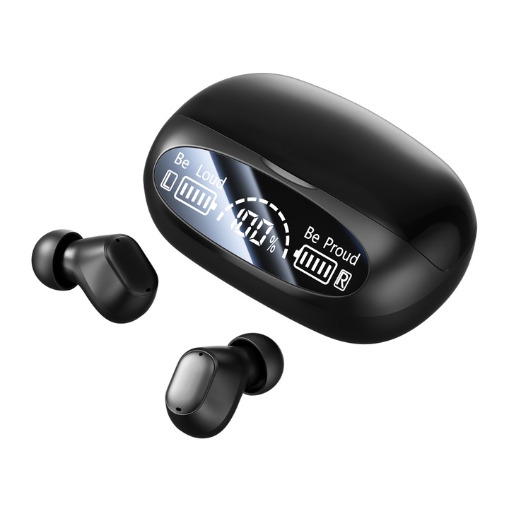 Casti wireless Bluetooth6.0 model M151 autonomie extrem de lunga, reducere a zgomotului pentru somn, design intra-ureche (in-ear), ecran digital, Reglare inteligenta a sunetului stereofonie bilaterala si suport pentru control tactil inteligent, Negru