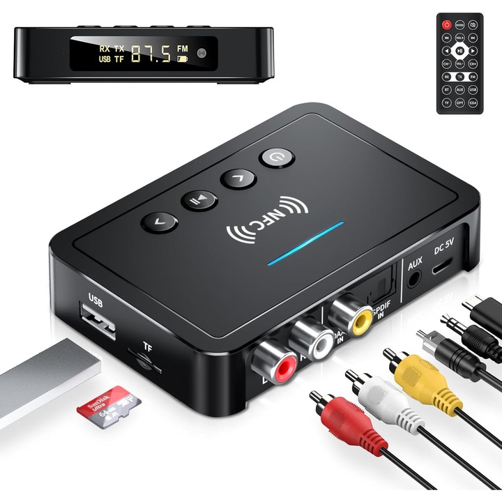 Adaptor Bluetooth receptor audio 3 in 1, Bluetooth 5.0, RX/TX/FM Transmitator/receptor, Telecomanda, AUX/RCA/NFC, Suport intrare fibra optica, cu Lumina RGB si display digital, Negru