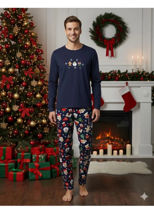 Pijama barbat bleumarin de Craciun cu imprimeu om de zapada, set cu maneca lunga si pantaloni lungi, Bleumarin