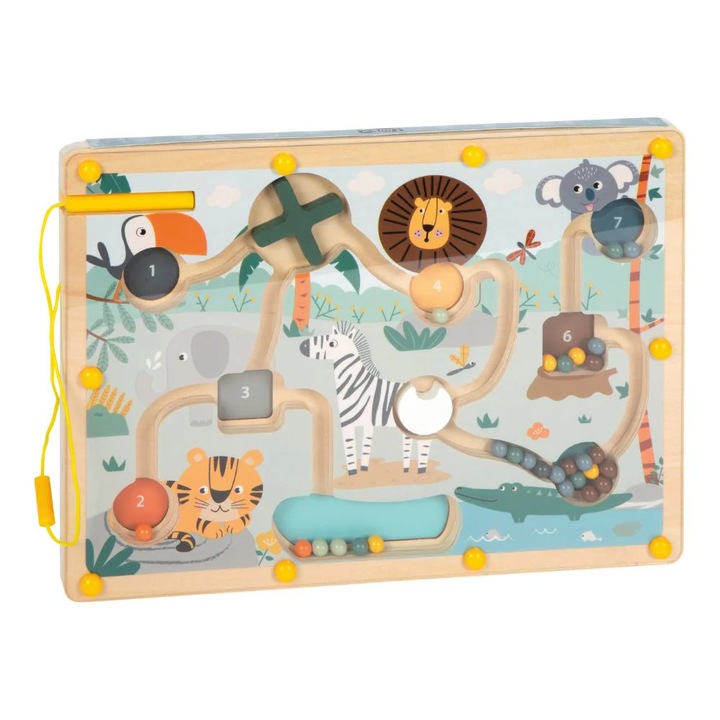 Магнитен лабиринт от дърво, образователна игра с цветни топчета и препятствия, Сафари, Small Foot, 3 години+
