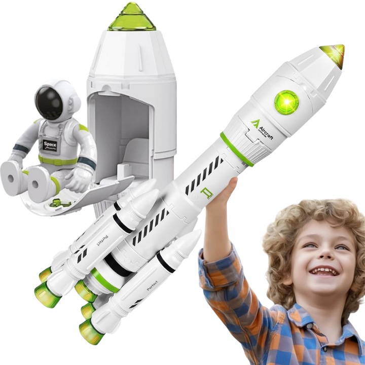 Nava spatiala Doris Aircraft cu efecte sonore si luminoase, motoare de lansare cu efect de fum, figurina astronaut cu elemente mobile, dimensiune 10x7x44 cm