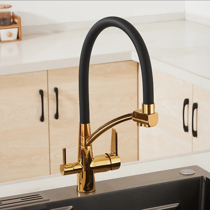 Baterie Sanitara, Amalux®, Baterie Lavoar, Design Modern, Baterie Bucatarie, 3 Cai Pentru Filtru De Purificare, Apa Calda Si Rece, Pipa Flexibila Cu Doua Cai De Evacuare, Pulverizator Detasabil Pivotant 360°, Realizata Din Alama Rezistenta, Auriu/Negru