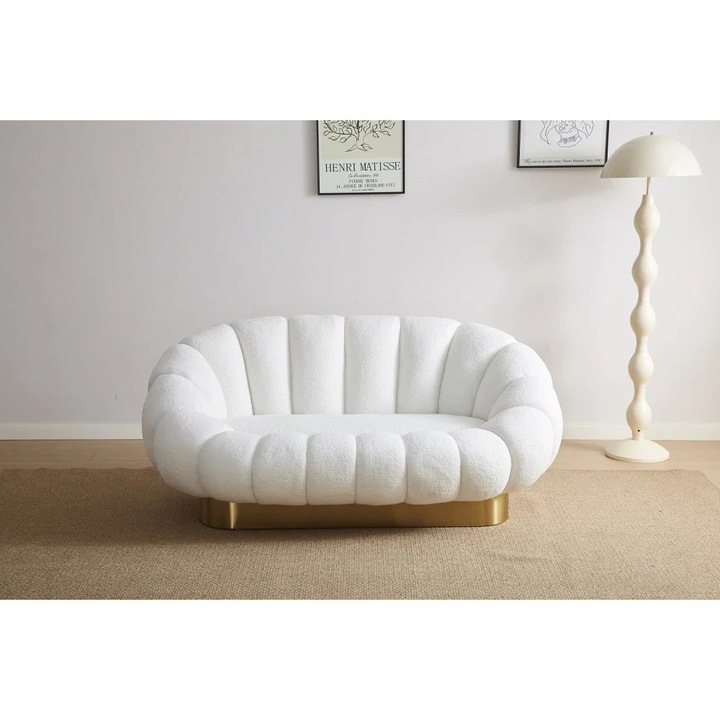 Canapea TOPSCAUNE® 2 Locuri Moderna, 160x100x40 Cm, Canapea 2 Locuri Nordic Design Elegant, Material Boucle Moale, Canapea 2 Locuri Cu Baza Metalica Finisaj Auriu, Suport Confortabil Si Cadru Rezistent, Pentru Living, Dormitor, Spatii Moderne, Alb