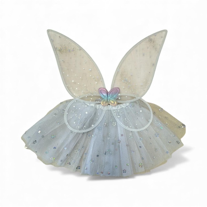 Поличка с крила на фея, бяла със сребрист принт, 4–7 години, дължина на поличката 28 см