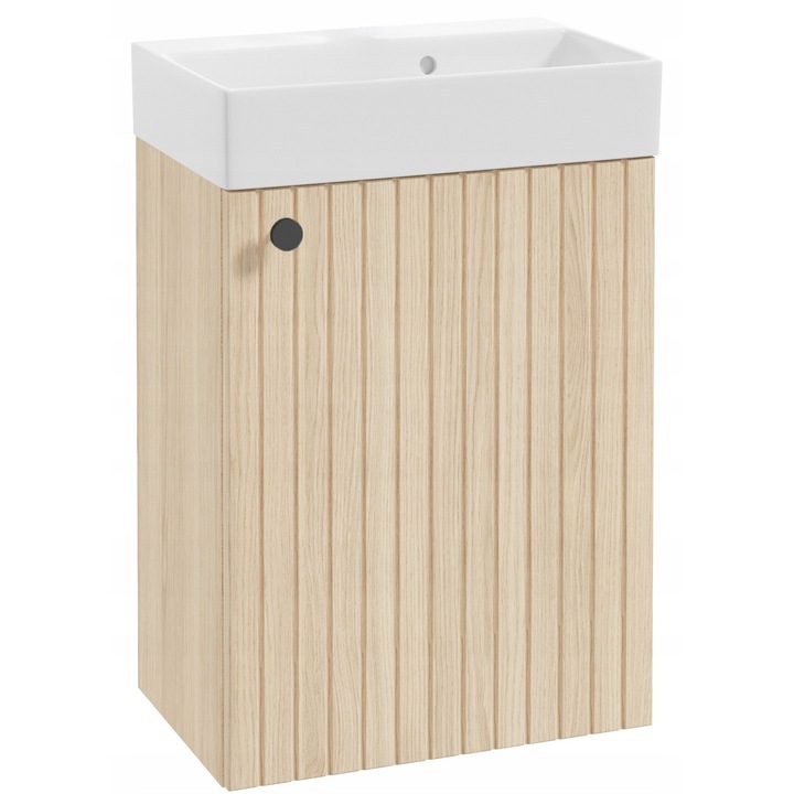 Dulap de baie cu chiuveta, stejar Vicenza si maner negru, suspendat, 50x70cm, Kiara