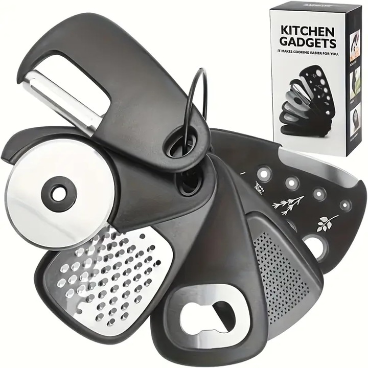 Комплект от 6 части кухненски прибори, DUOAMARE, ренде, мелничка, многоцветен, подреждащ се