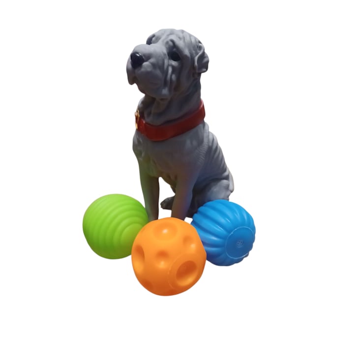 Catel Shar Pei cu mingile lui chitaitoare, diverse culori, catel 20 cm, mingi 7 cm, plastic, multicolor, Vision XXI