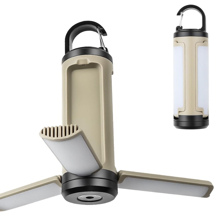 Lampa pliabila de camping, Afksmile, 6 moduri de iluminare, rezistenta la apa IPX4, incarcare USB, 7x12cm, Bej/Negru