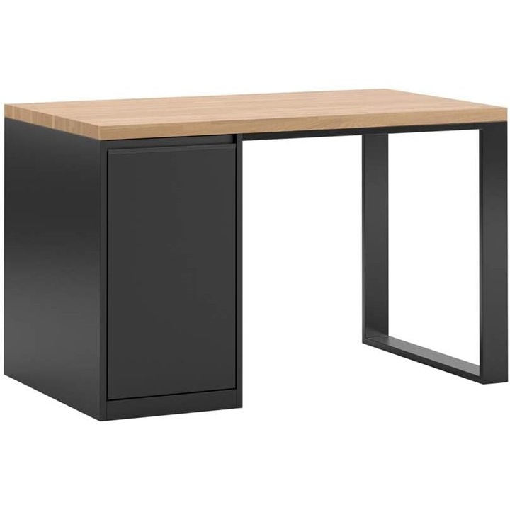 Birou Loft 120×70, blat din lemn stejar 38 mm, cadru metalic, cu dulap pe stanga, stil industrial, Negru, DEERHORN