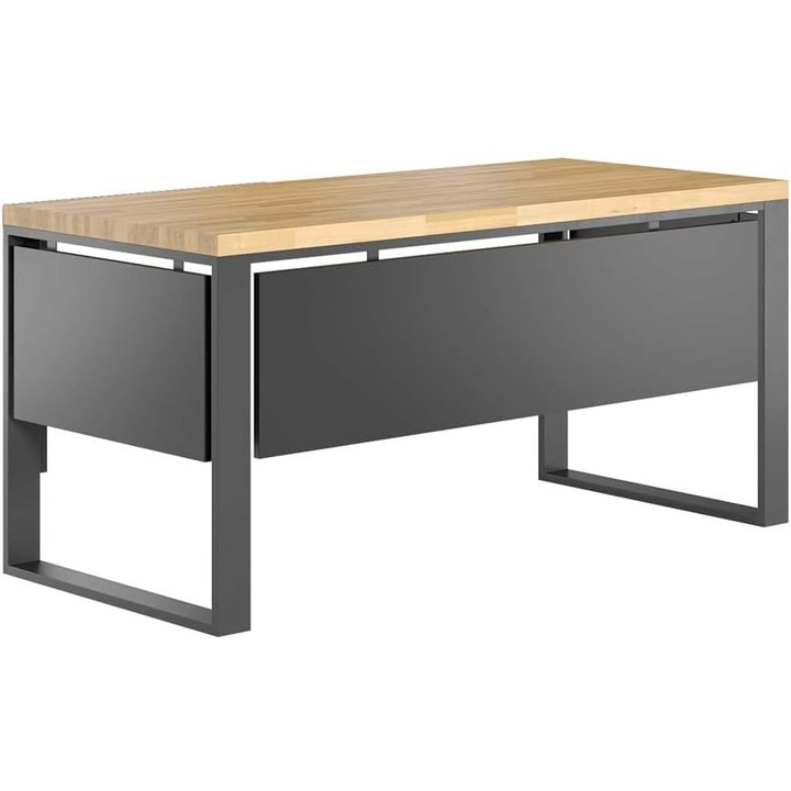 Birou Loft 120×60, blat stejar 38 mm, cadru metalic negru cu panou frontal, stil industrial, reglabil pe inaltime, DEERHORN