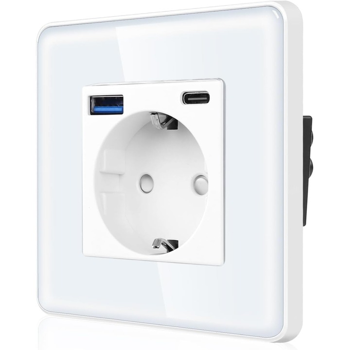 Priza Simpla Cnbingo Cu 2× Porturi Usb - (Type-C Si Usb-A) - Priza Schuko Din Sticla Dubla, Incastrata - Priza De Perete Cu Sistem De Siguranta Pentru Copii, Alba