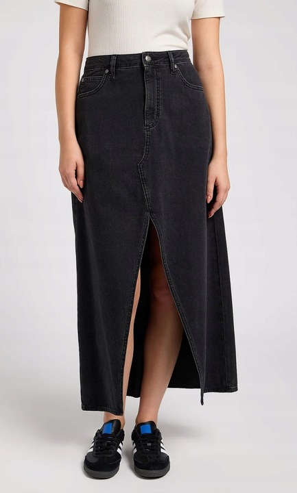 Fusta Lee Maxi, lunga, neagra, din denim, cu slit in fata, 26 US