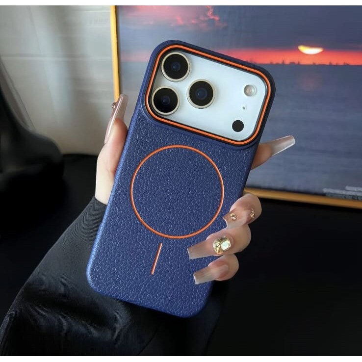 Husă magnetică Case pentru iPhone 17 Pro Max, TPU cu textură imitație piele, albastru închis, margini ridicate