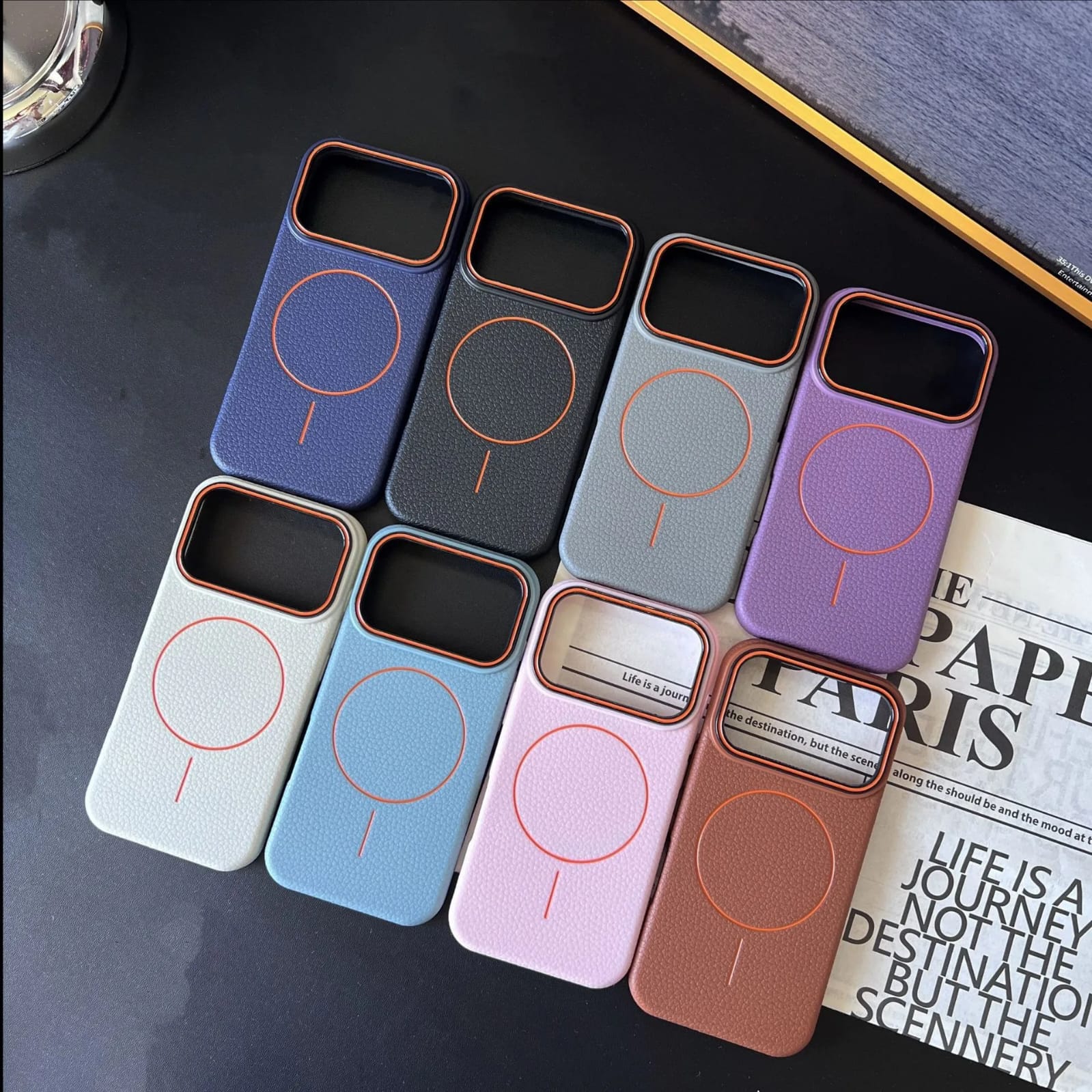 Husă magnetică Case pentru iPhone 17 Pro Max, TPU cu textură imitație piele, albastru închis, margini ridicate