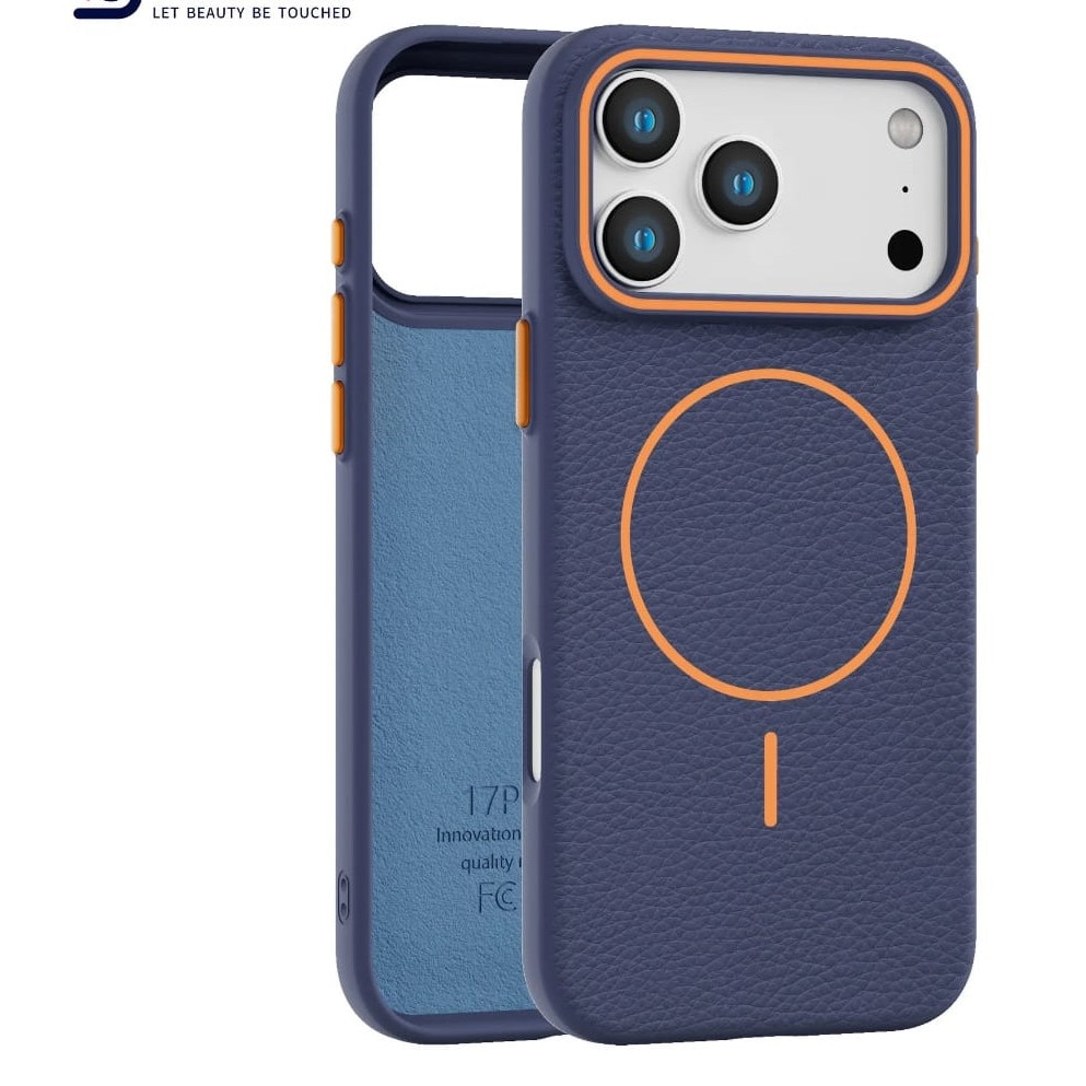Husă magnetică Case pentru iPhone 17 Pro Max, TPU cu textură imitație piele, albastru închis, margini ridicate