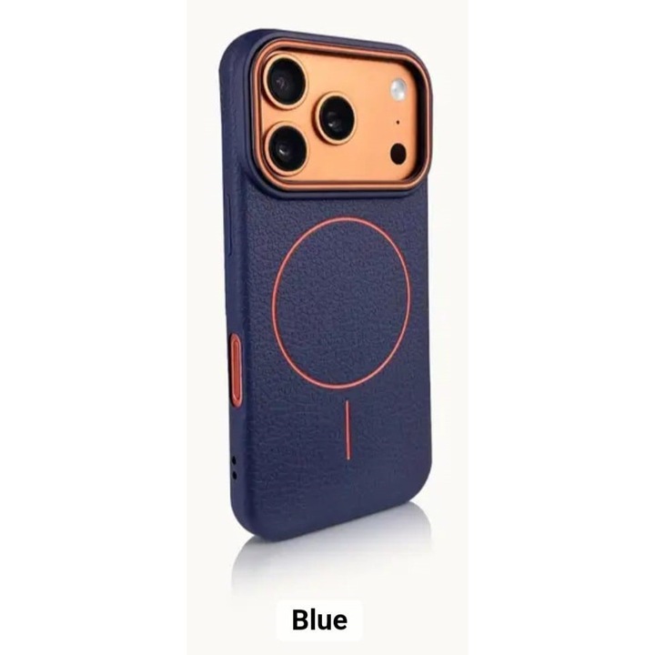 Husă magnetică Case pentru iPhone 17 Pro Max, TPU cu textură imitație piele, albastru închis, margini ridicate