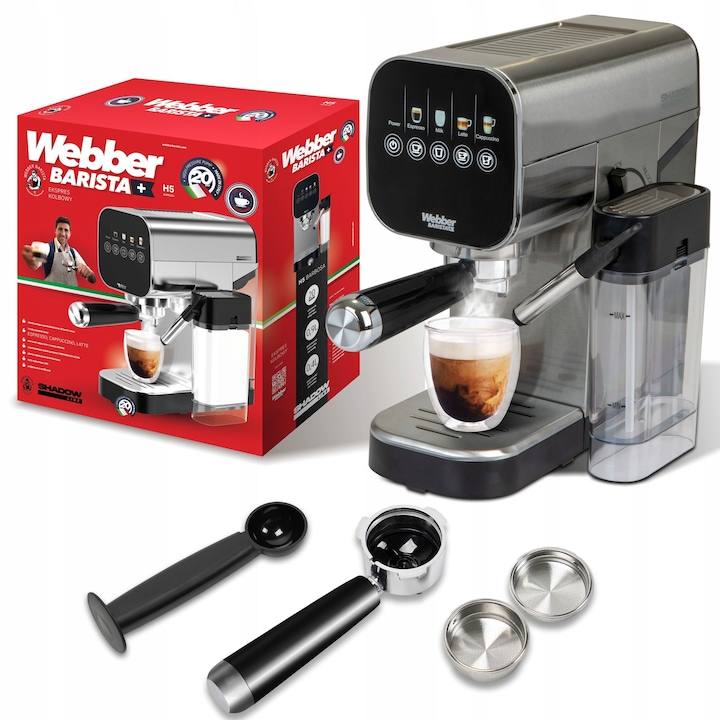 Espressor Manual, WEBBER, Barista H5, 1350 W, 20 bar, Argintiu, 1 l
