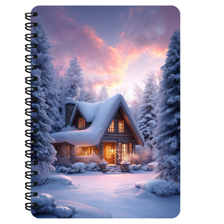 Agenda A5, Cabana In Zapada, Padure, Iarna, Coperta Mdf, Spira Metalica, 130 Pagini
