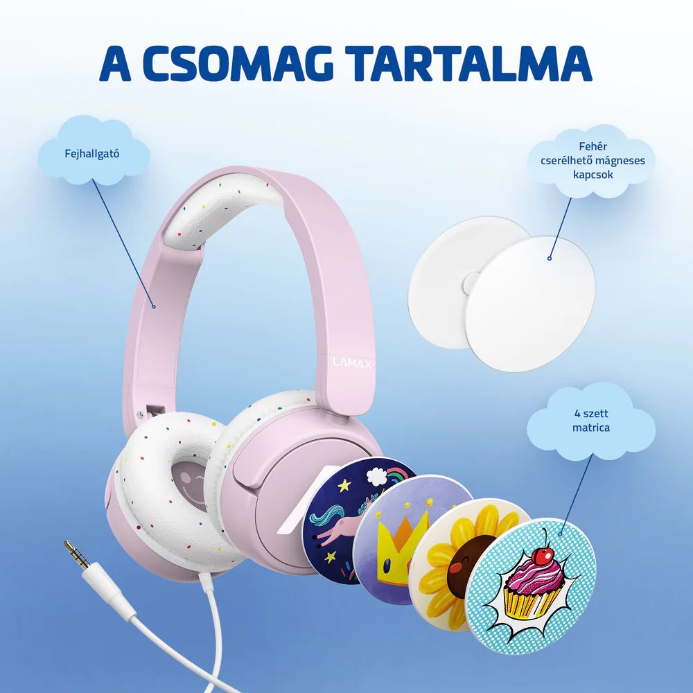 Casti cu fir Lamax SoundKid1, roz, 2.0, 3.5mm, 1.2m, set cu 4 stickere