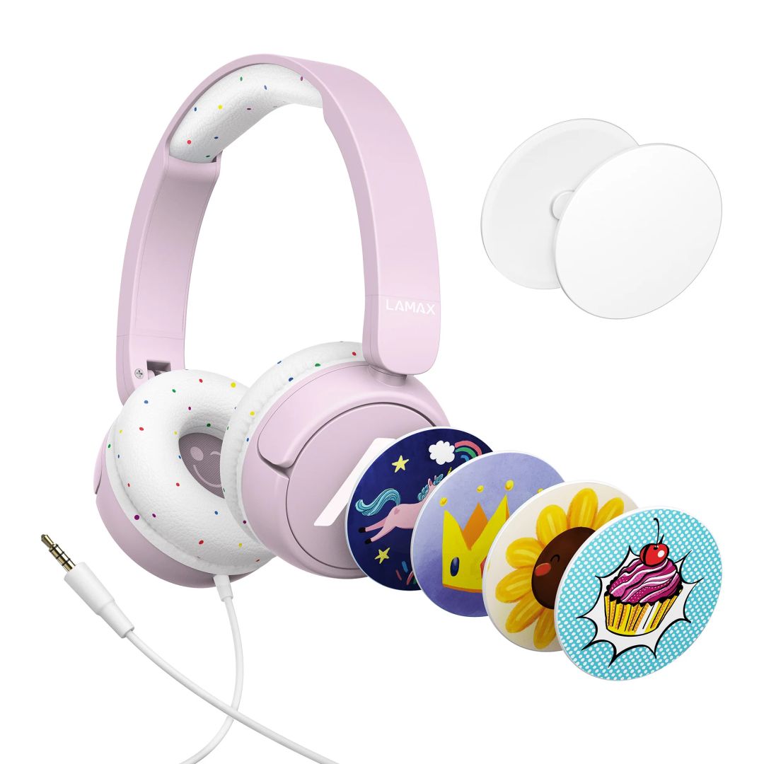 Casti cu fir Lamax SoundKid1, roz, 2.0, 3.5mm, 1.2m, set cu 4 stickere