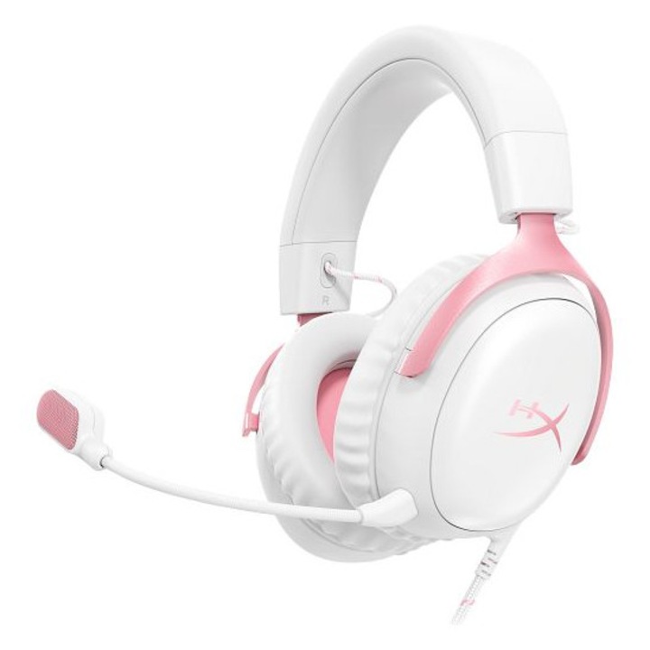 Casti cu fir, HyperX Cloud III, alb/roz, 2.0, USB, 1,2m