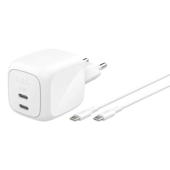 Incarcator Belkin 2-Port USB-C GaN (67W) cu cablu USB-C, alb